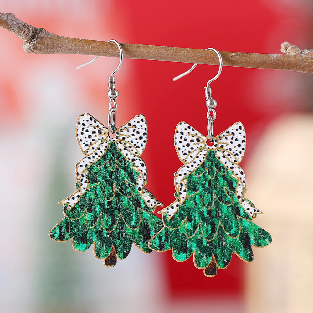 Wholesale Christmas Cow Pattern Bow Wooden Double-Sided Western Style Earrings